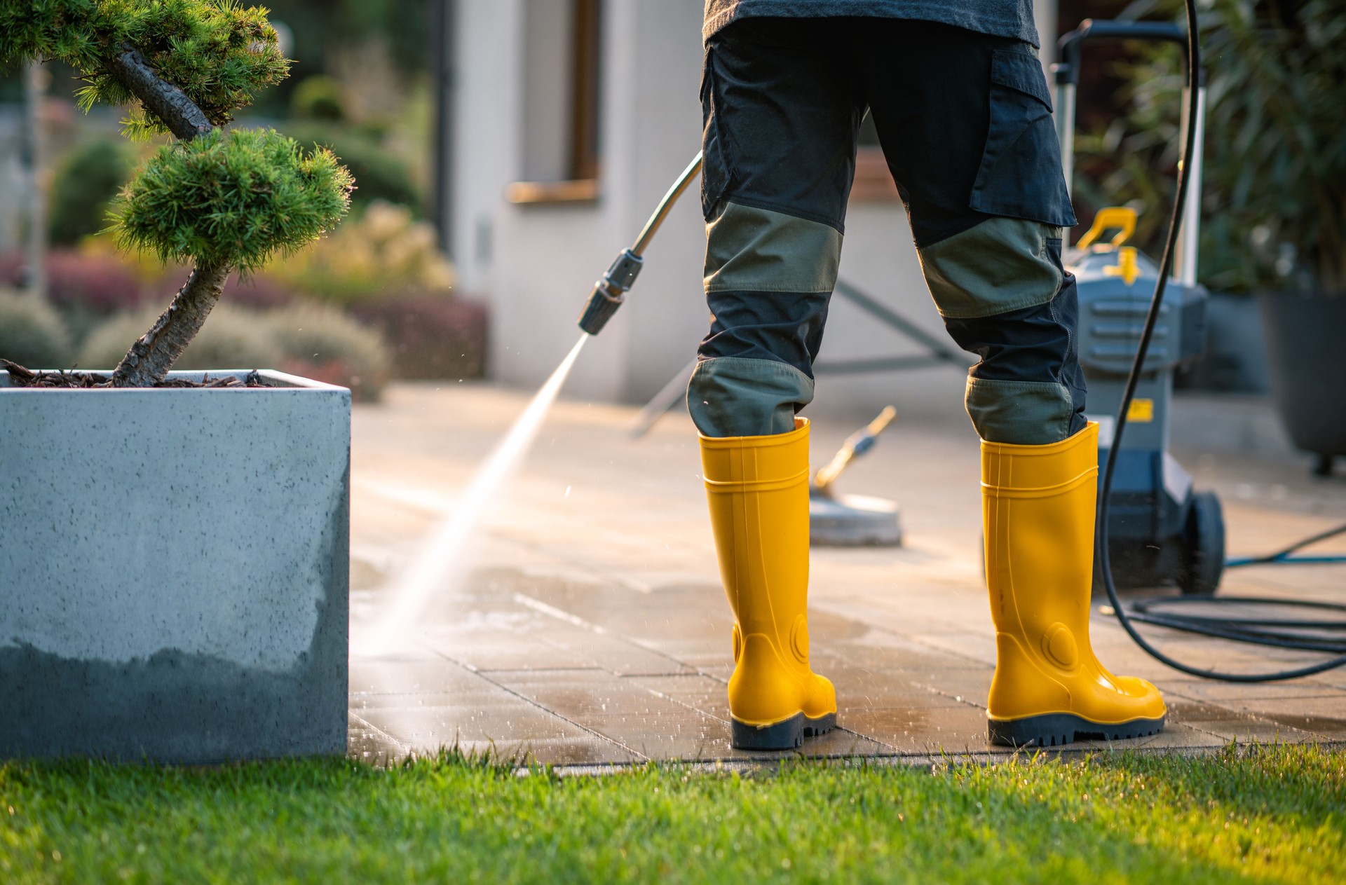 Person in Yellow Rubber Boots Pressure Washing a Patio in a Residential Outdoor Area During Daylight